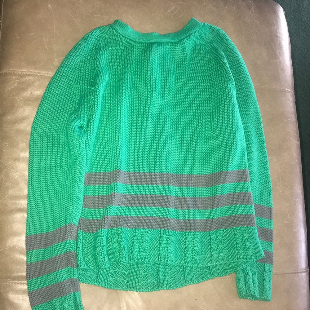 Green and gray striped cable knit sweater